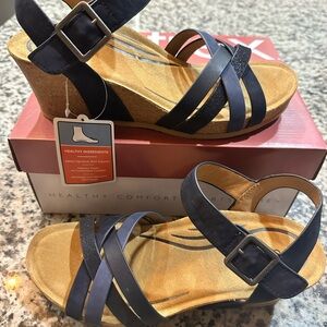 Aetrex Navy Blue Strappy Wedge Sandals